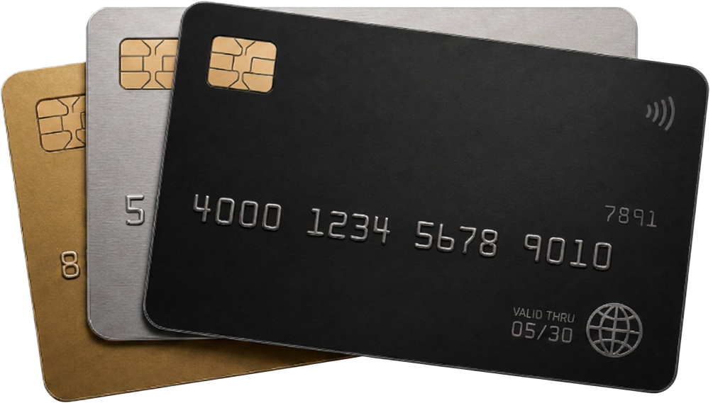 Three premium metal credit cards fanned out — black, platinum and gold